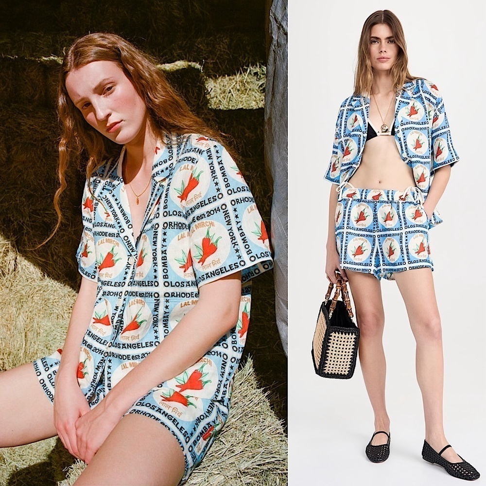 RHODE Graphic Cayenne Chillies High Rise Smocked‎ Waist Linen Audrina Shorts XS